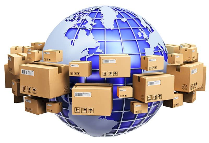 Model of a globe surrounded by cardboard boxes